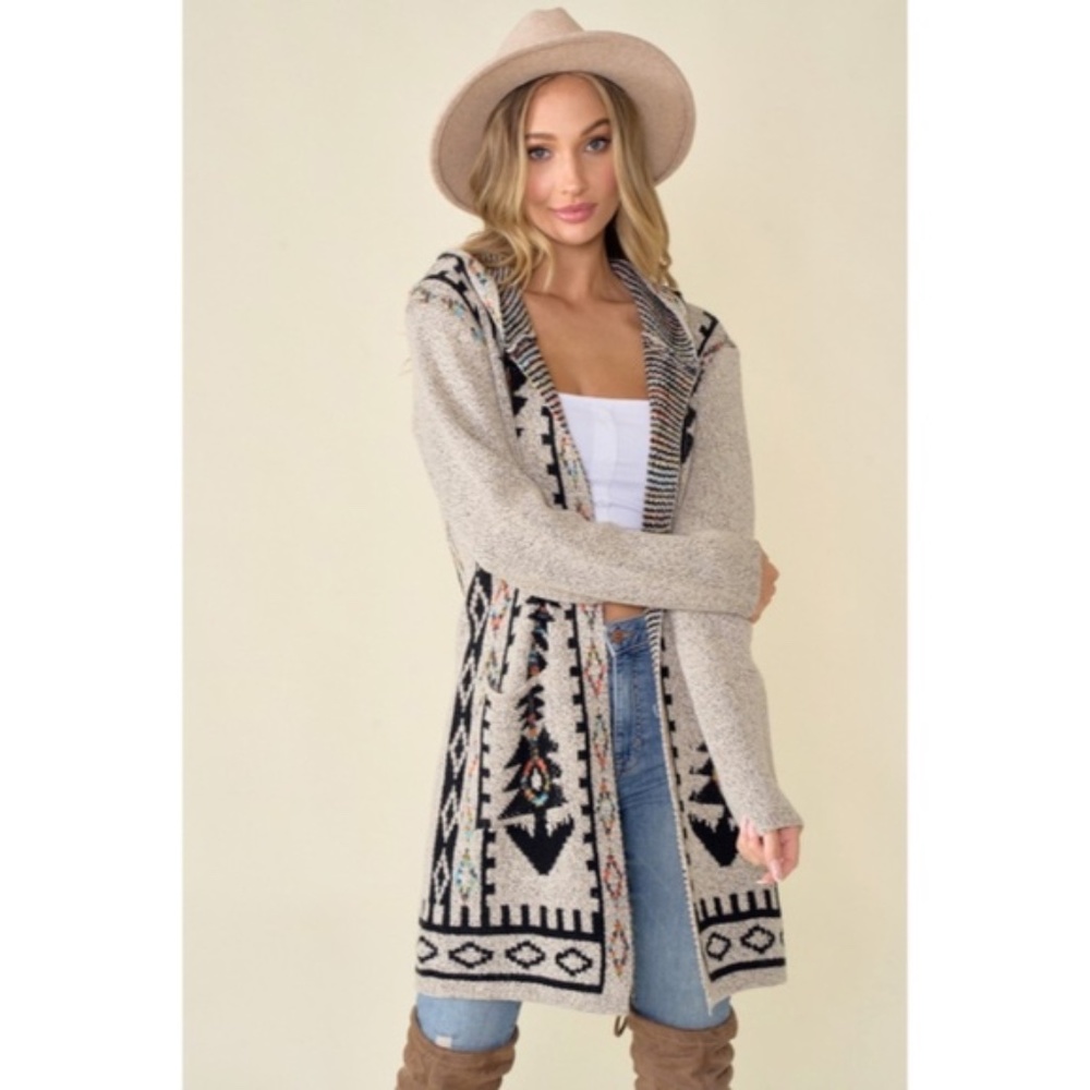 Oatmeal Aztec Rainbow Western Hooded Knit Cardigan Long Sleeve Open Sweater - Picture 7 of 14